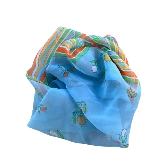 Vintage Floral Square Scarf Blue Lightweight Boho Hippie Bandana Neck Wrap - Picture 2 of 4